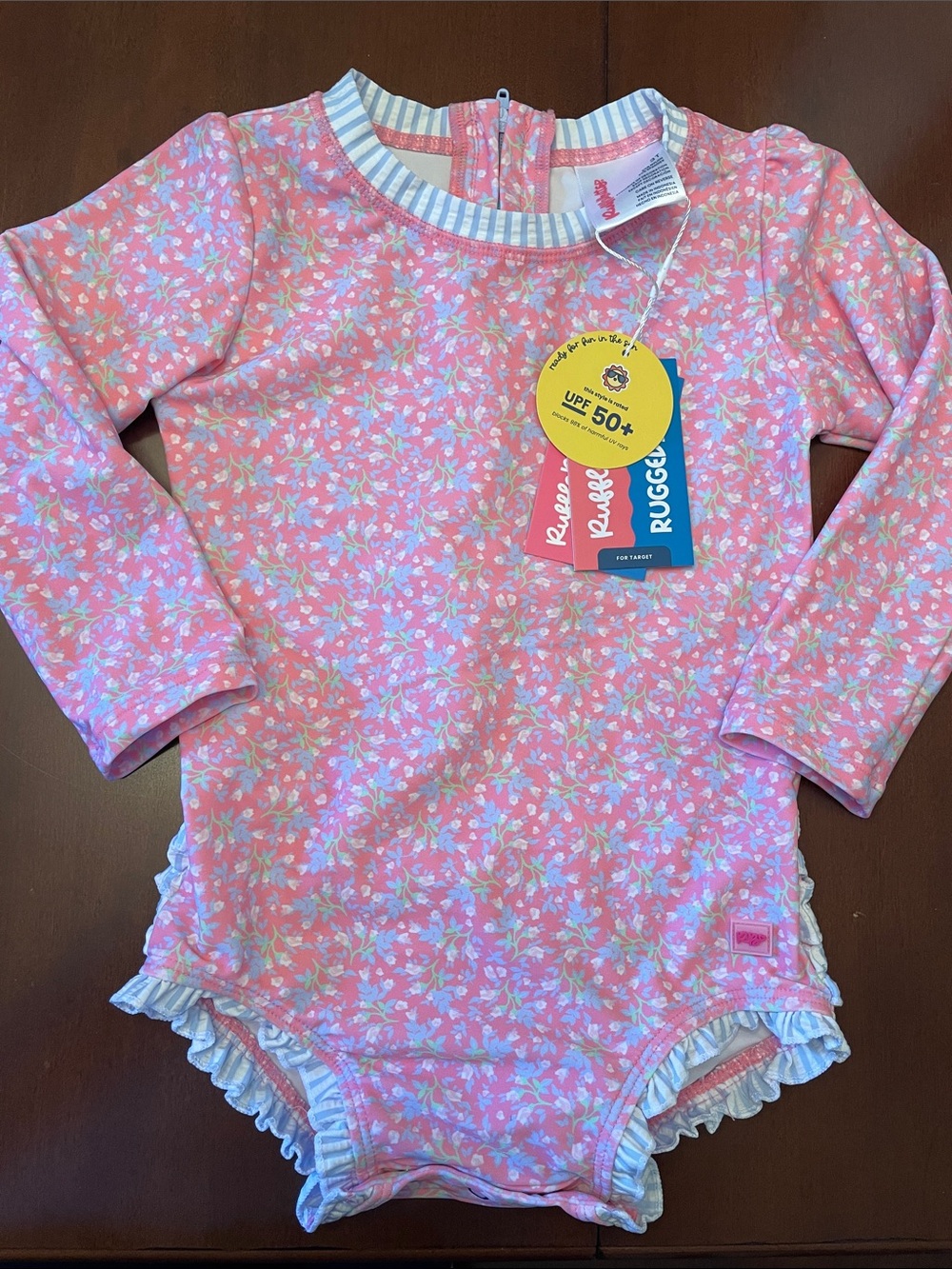 Ruffle Butts Pink Floral Long-Sleeve UPF 50+ One-Piece